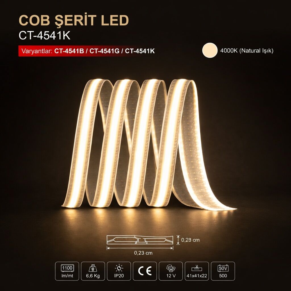 12V Yüksek Lümen COB Şerit LED Aydınlatma 4000K Natural Işık Ct-4541k