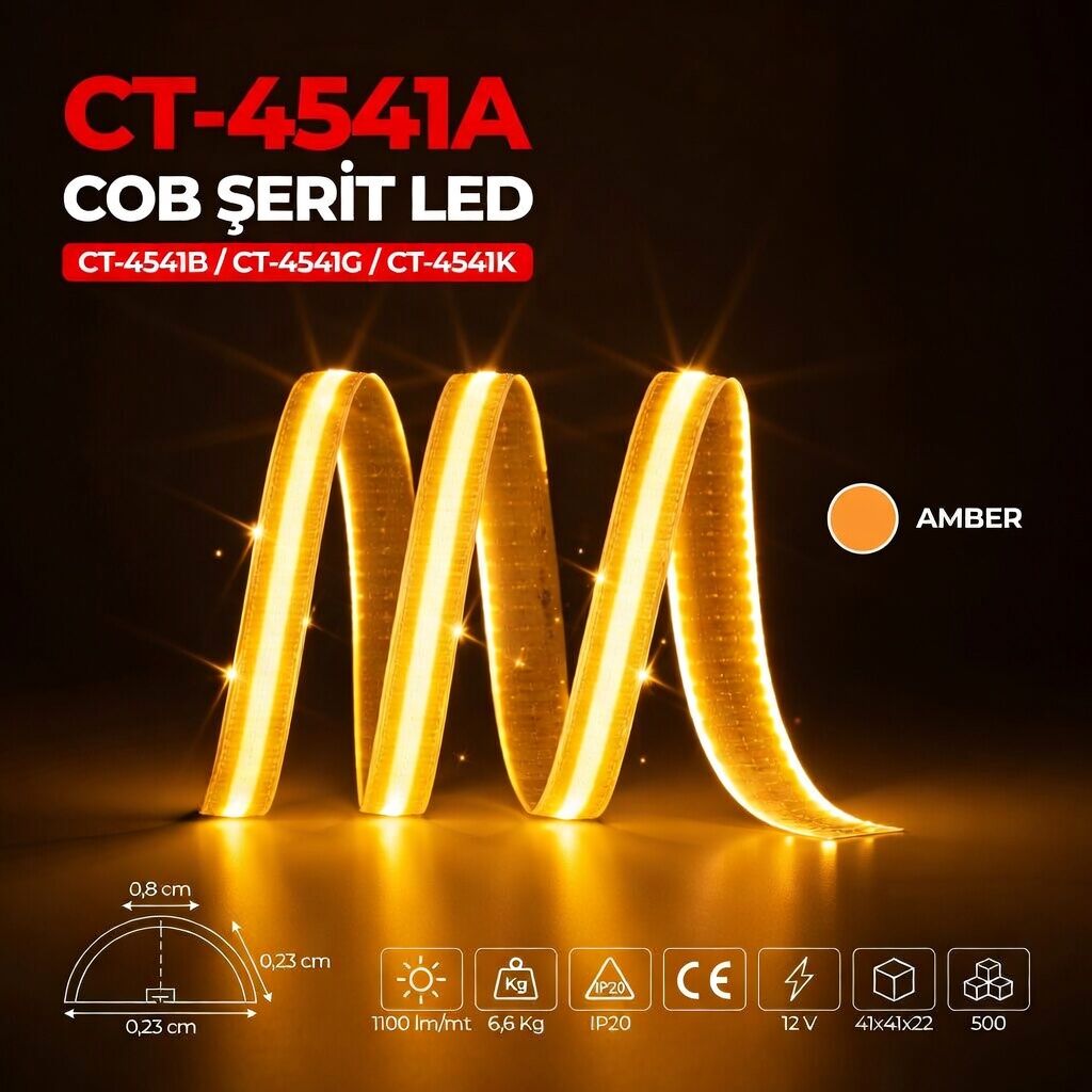 12V Yüksek Lümen COB Şerit LED Aydınlatma Amber Ct-4541a
