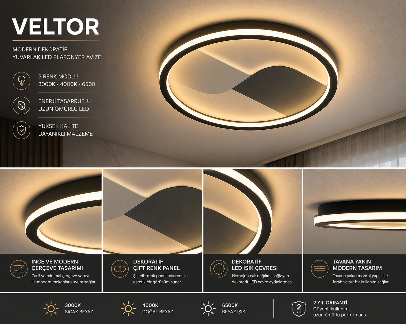 Veltor Yuvarlak Plafonyer LED Avize Aydınlatma 3 Renk Modlu Veltor Yuvarlak Plafonyer LED Avize Aydınlatma 3 Renk Modlu