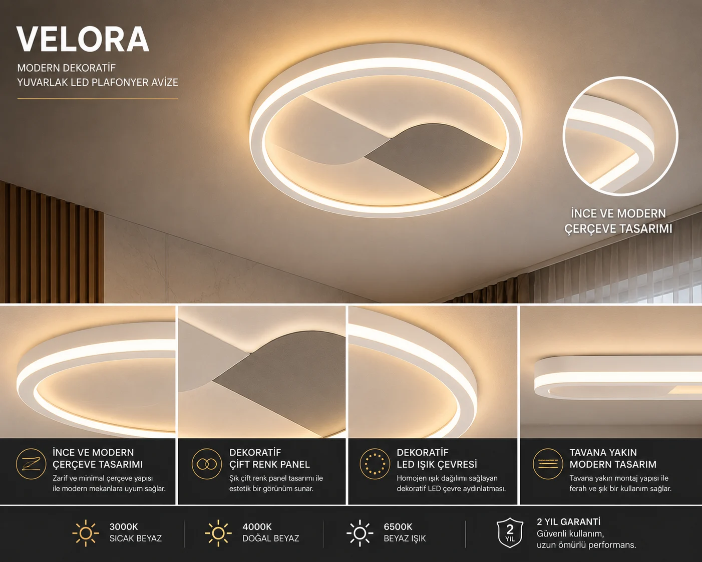 Velora Круглая Потолочный Светильник LED Люстра Освещение 3 Цвет Режим — Изображение 3