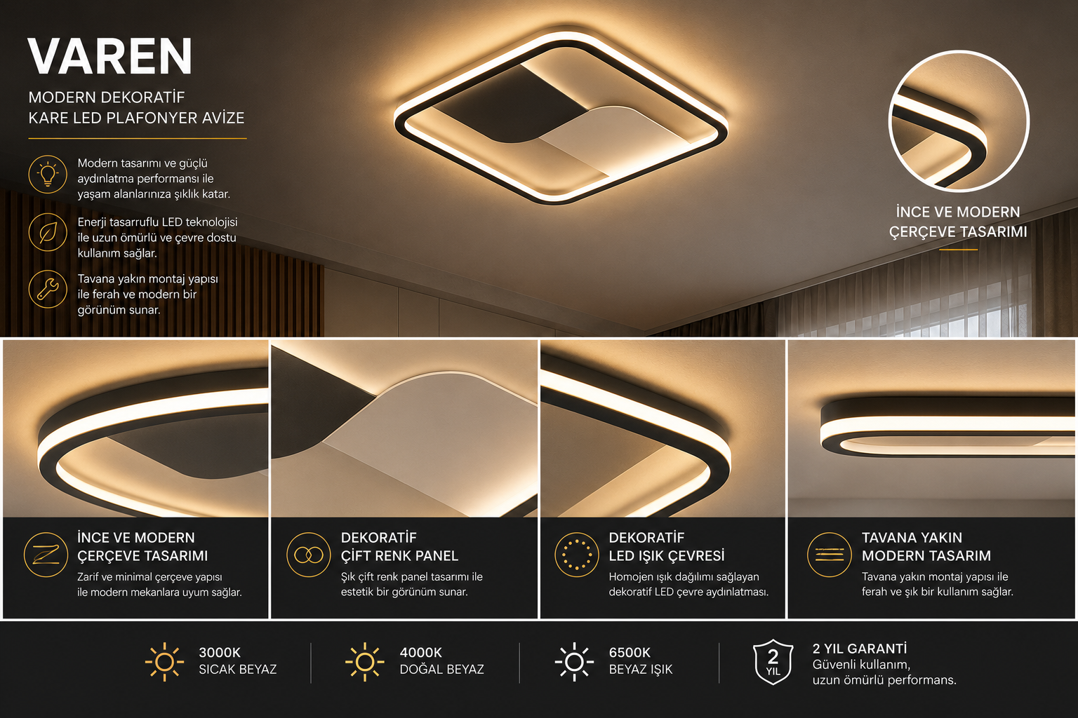 Varen Cuadrado Plafón LED Lámpara de Araña Iluminación 3 Color Modo — Imagen 3