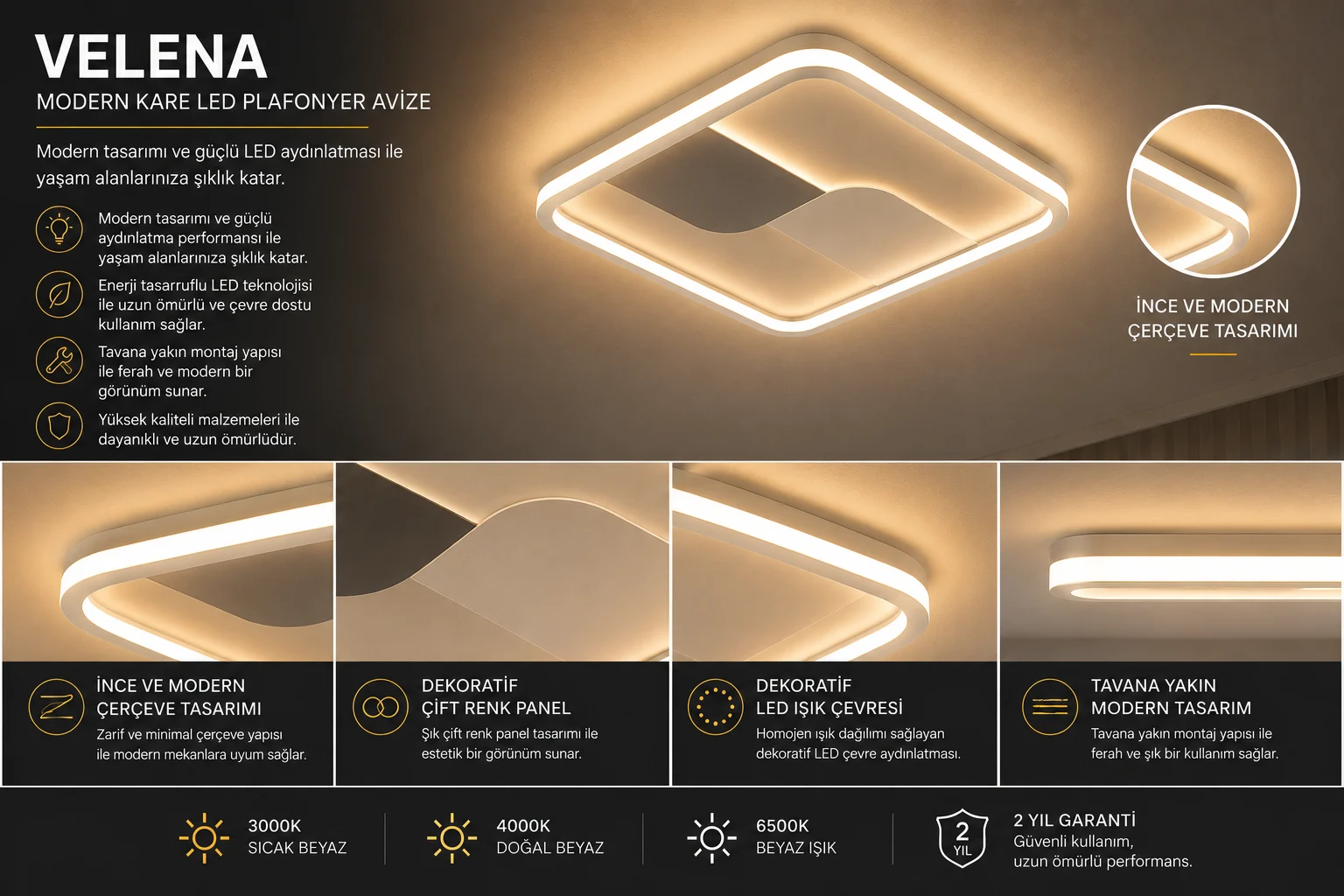 Velena Kare Plafonyer LED Avize Aydınlatma 3 Renk Modlu Velena Kare Plafonyer LED Avize Aydınlatma 3 Renk Modlu