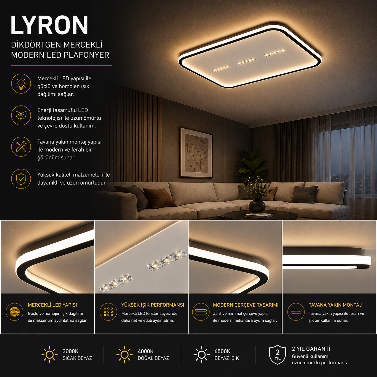 Lyron Mercekli Dikdörtgen Plafonyer LED Avize Aydınlatma 3 Renk Modlu Lyron Mercekli Dikdörtgen Plafonyer LED Avize Aydınlatma 3 Renk Modlu