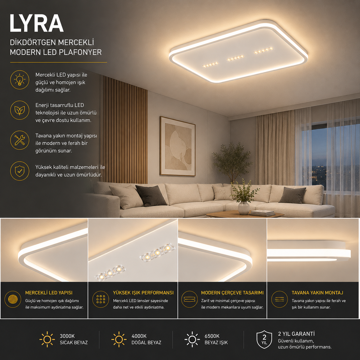 Lyra Mercekli Dikdörtgen Plafonyer LED Avize Aydınlatma 3 Renk Modlu Lyra Mercekli Dikdörtgen Plafonyer LED Avize Aydınlatma 3 Renk Modlu
