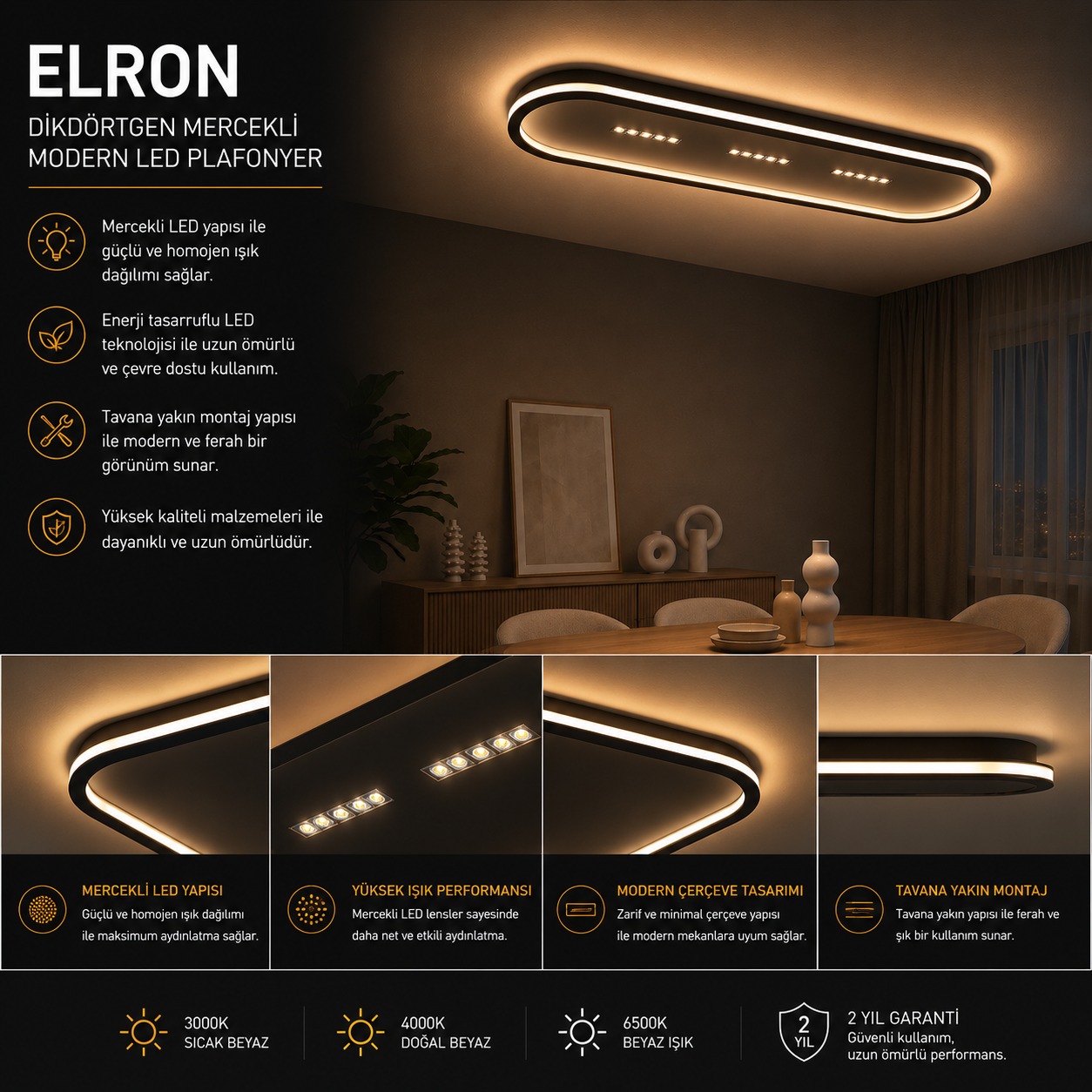 Elron Mercekli Oval Dikdörtgen Plafonyer LED Avize Aydınlatma 3 Renk Modlu Elron Mercekli Oval Dikdörtgen Plafonyer LED Avize Aydınlatma 3 Renk Modlu