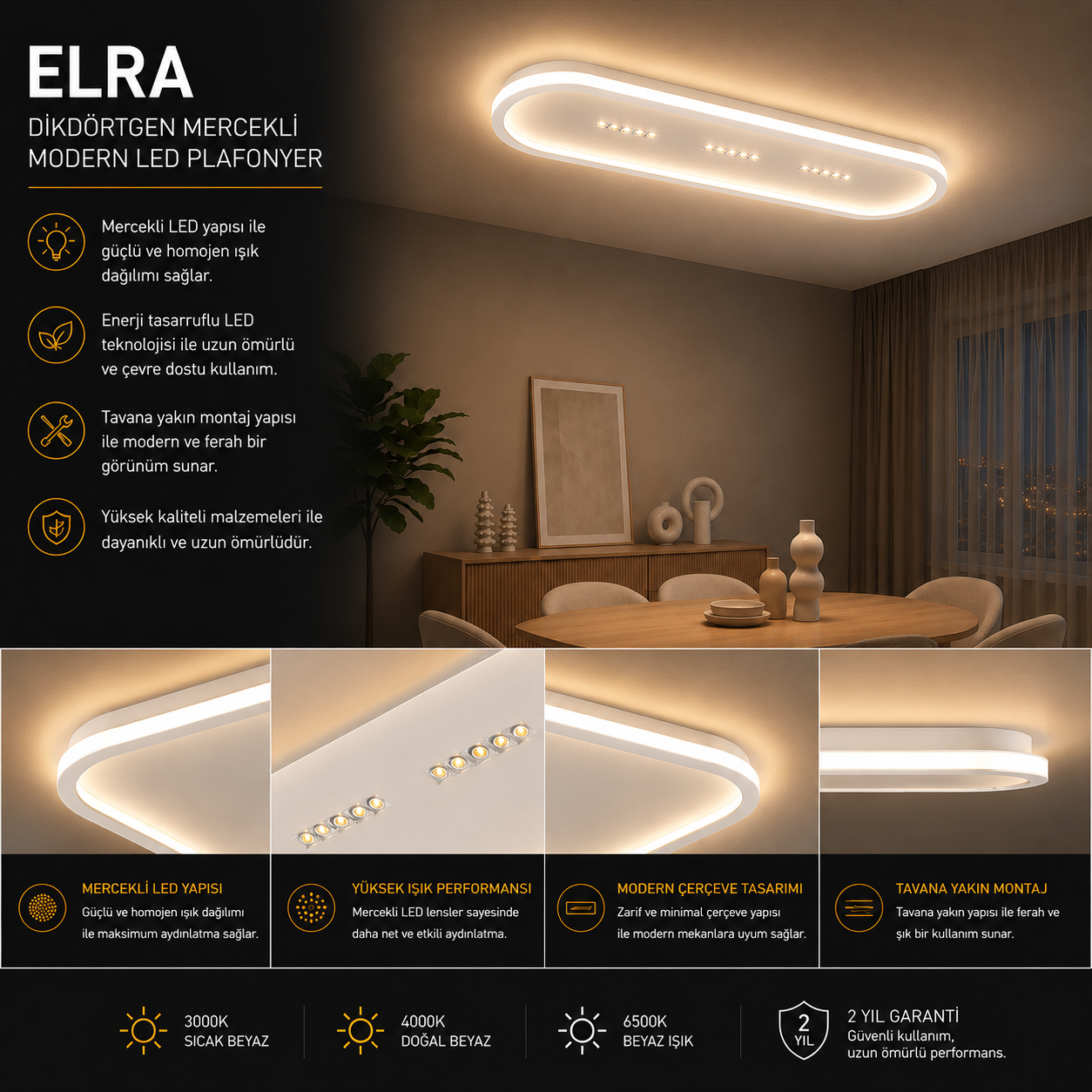 Elra Mercekli Oval Dikdörtgen Plafonyer LED Avize Aydınlatma 3 Renk Modlu Elra Mercekli Oval Dikdörtgen Plafonyer LED Avize Aydınlatma 3 Renk Modlu