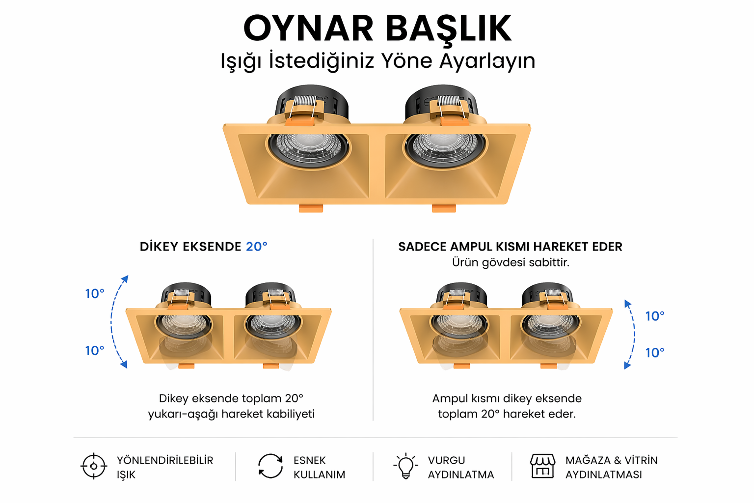 2x8W İkili Kare Dimlenebilir LED Spot Armatür 18,3x9,4x6,4 cm — görsel 6