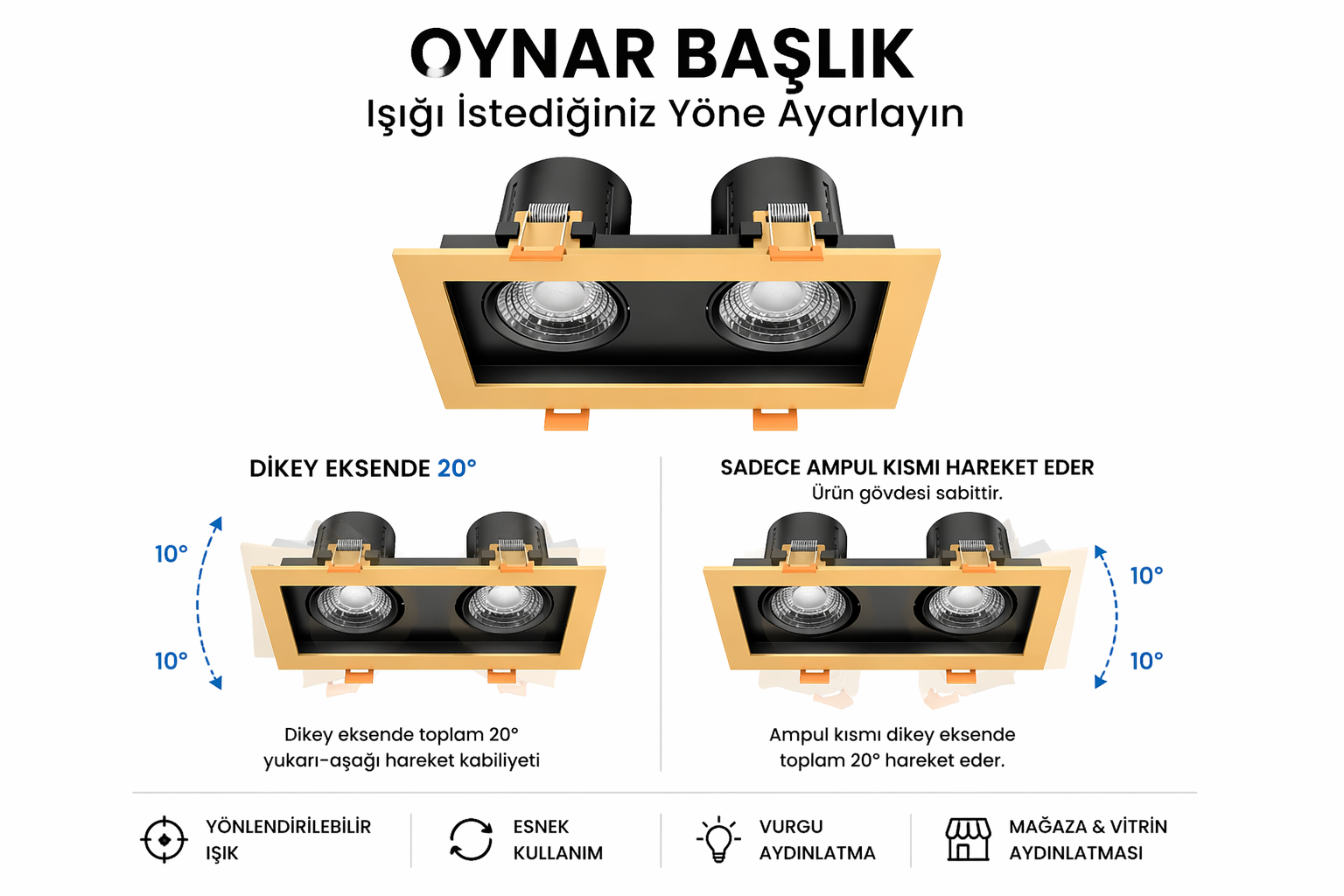 2x8W İkili Kare Dimlenebilir LED Spot Armatür 18,3x10x5,5 cm — görsel 6