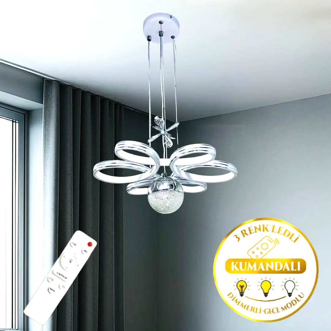 Beyaz Krom Ada Kumandalı 3 Renkli LED Avize 40 cm