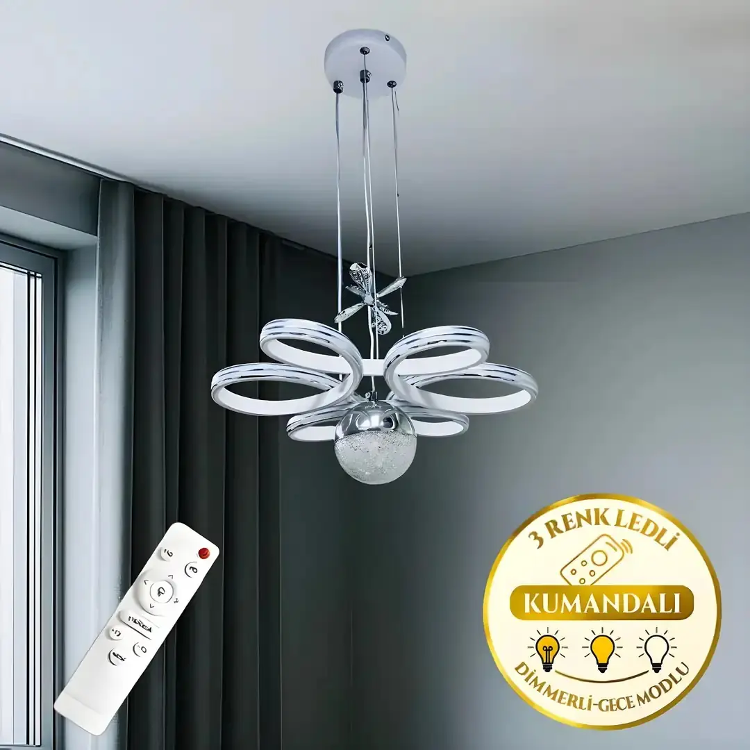 Beyaz Krom Ada Kumandalı 3 Renkli LED Avize 40 cm
