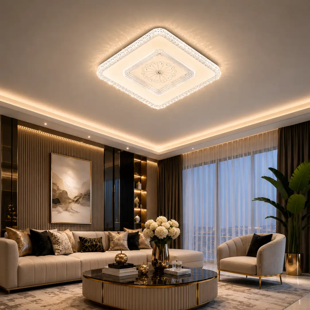 Hisar Square Remote Controlled 3-Colour LED Ceiling Light Chandelier 50 cm Hisar Kare Kumandalı 3 Renkli LED Plafonyer Avize 50 cm