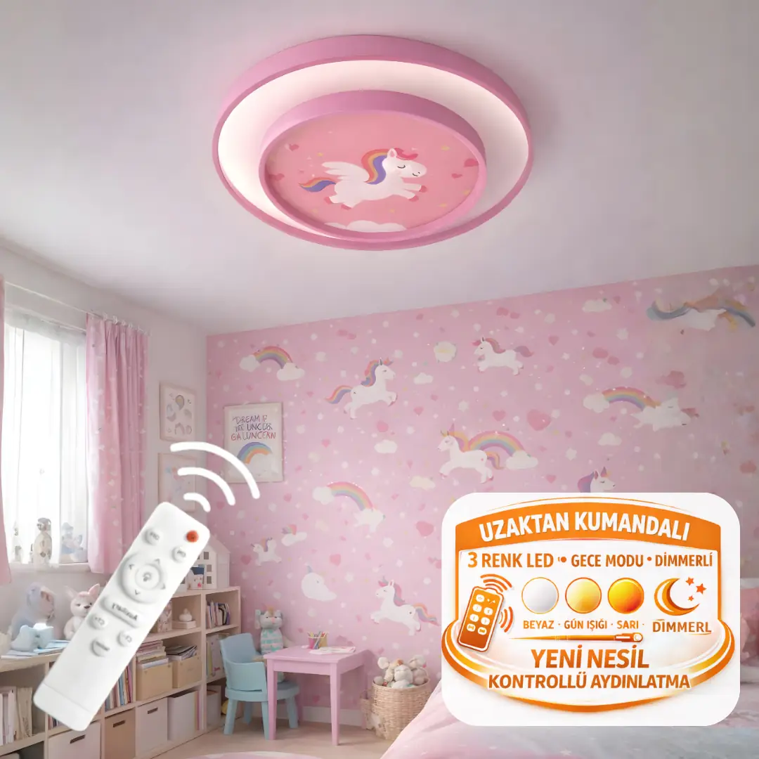 Unicorn 2 Katlı Kumandalı 3 Renkli Çocuk Odası LED Plafonyer Avize 40 cm Unicorn 2 Katlı Kumandalı 3 Renkli Çocuk Odası LED Plafonyer Avize 40 cm