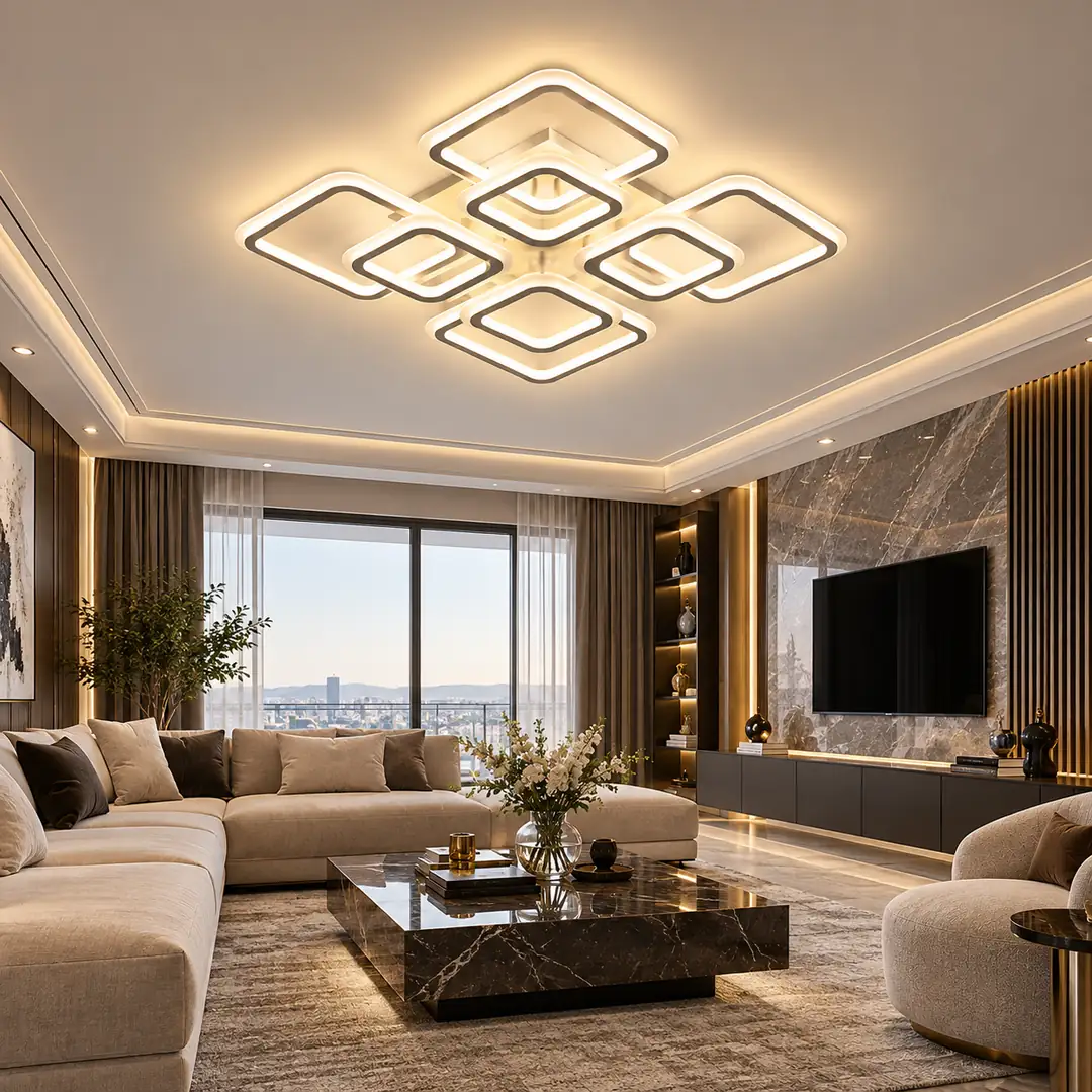 8'li Beyaz Kare Çerçeve 3 Renkli LED Plafonyer Avize (MS73005-4+4) — görsel 2