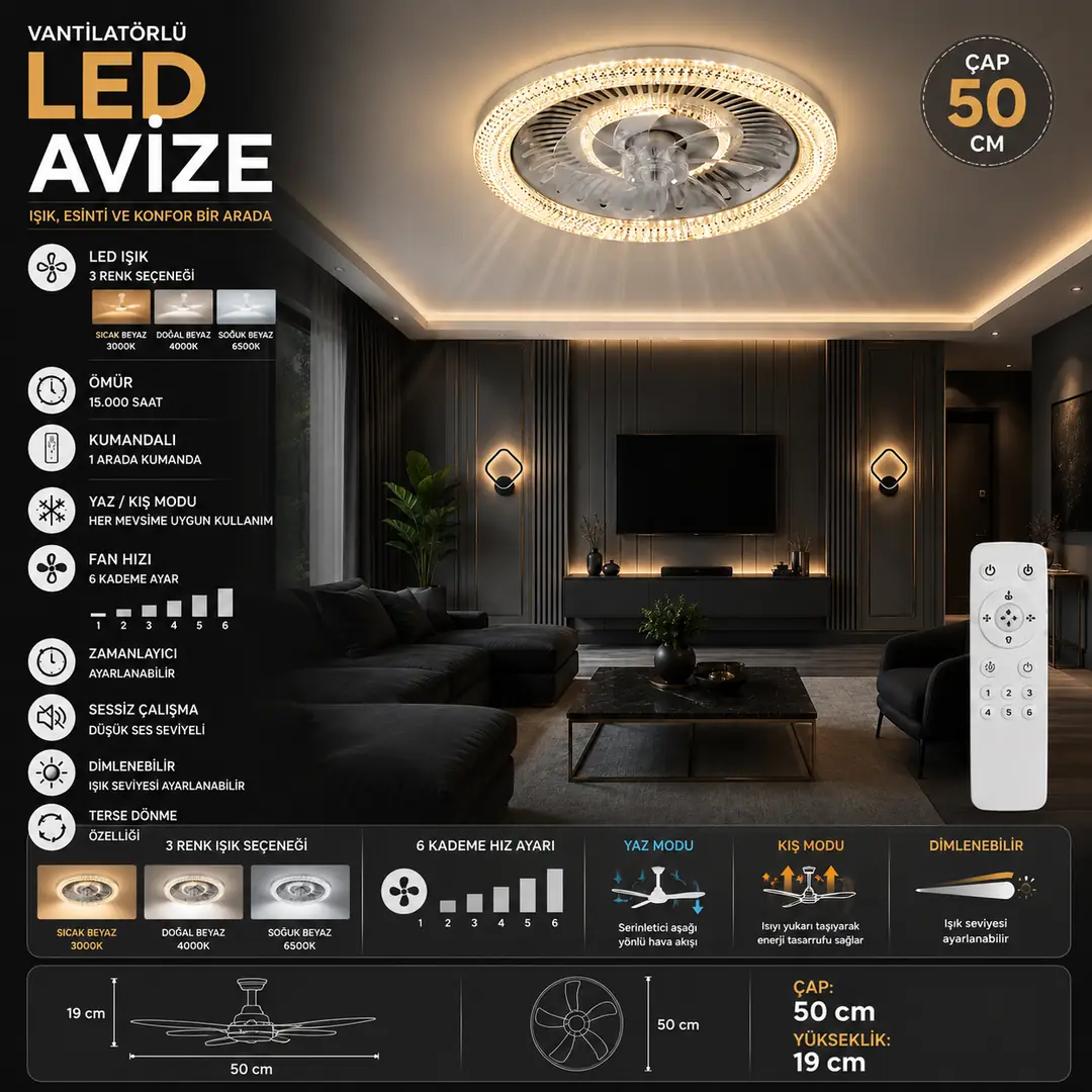 Yıldız Kumandalı 3 Renkli LED Vantilatörlü Avize 50 cm