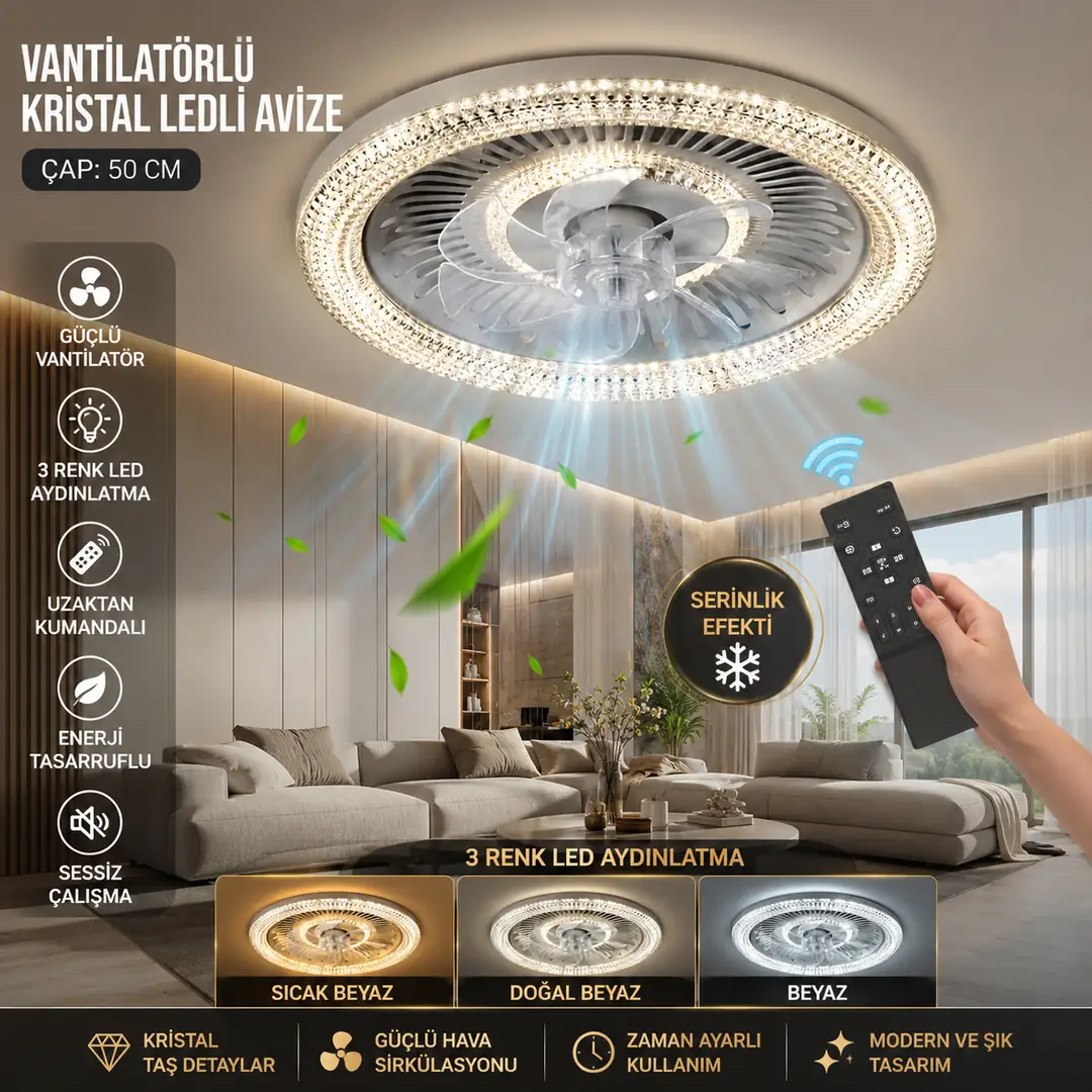 Ossa Kumandalı LED Vantilatörlü Avize 50 cm