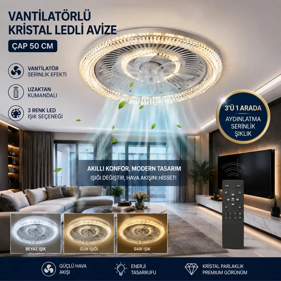 Ossa Kumandalı LED Vantilatörlü Avize 50 cm