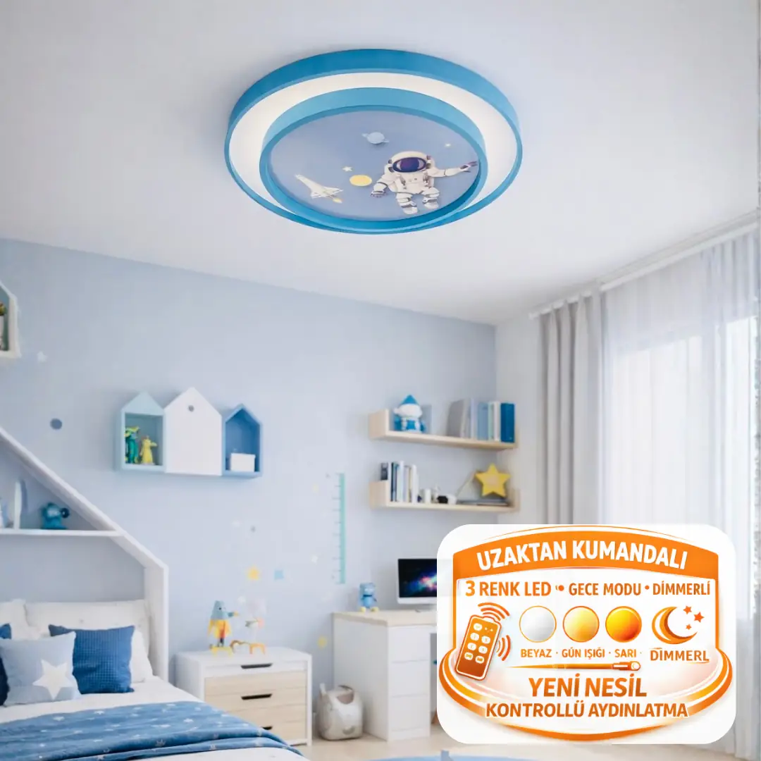 Astronot 2 Katlı Kumandalı 3 Renkli Çocuk Odası LED Plafonyer Avize 50 cm Astronot 2 Katlı Kumandalı 3 Renkli Çocuk Odası LED Plafonyer Avize 50 cm