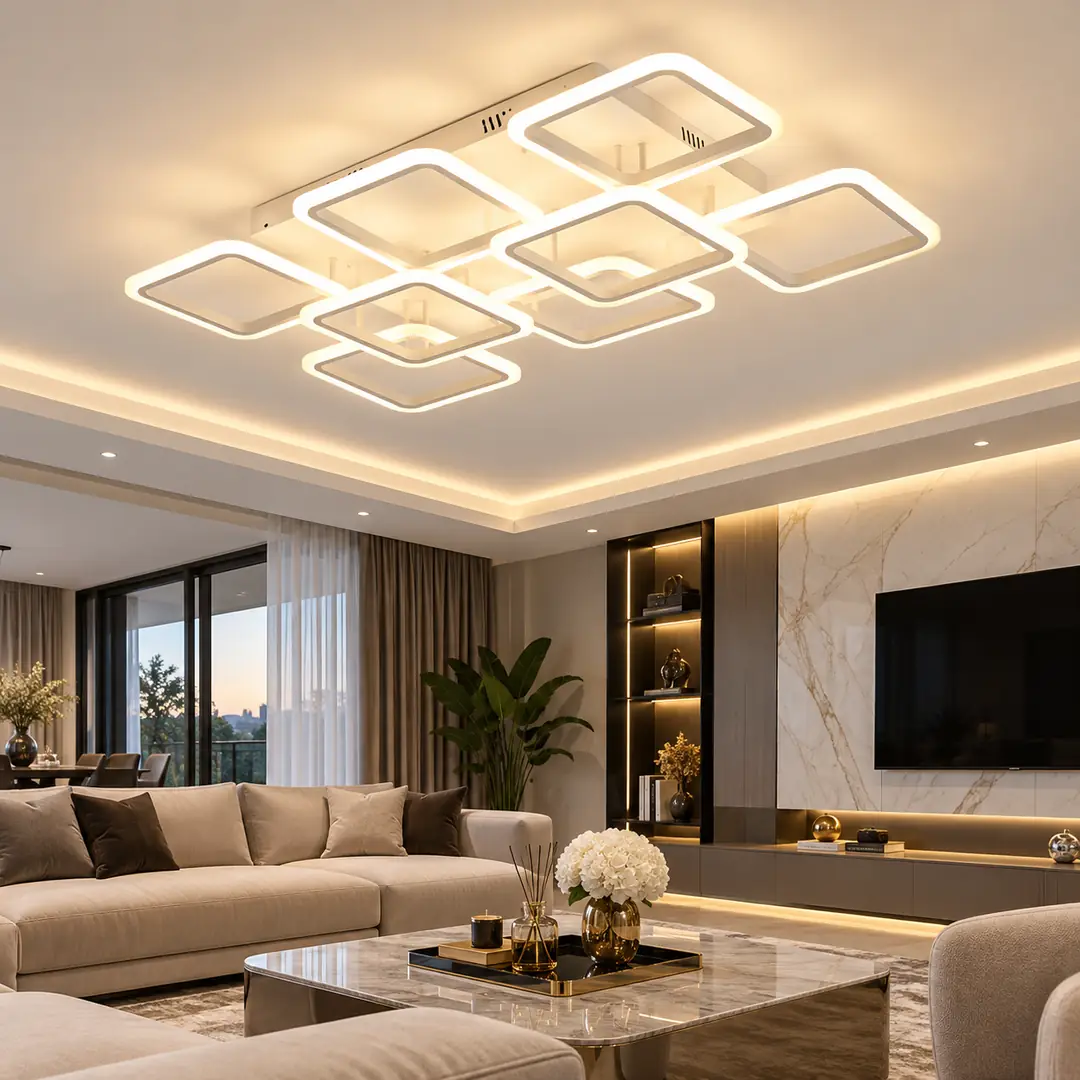 8'li Beyaz Kare Çerçeve 3 Renkli LED Plafonyer Avize (MS73005-6+2)